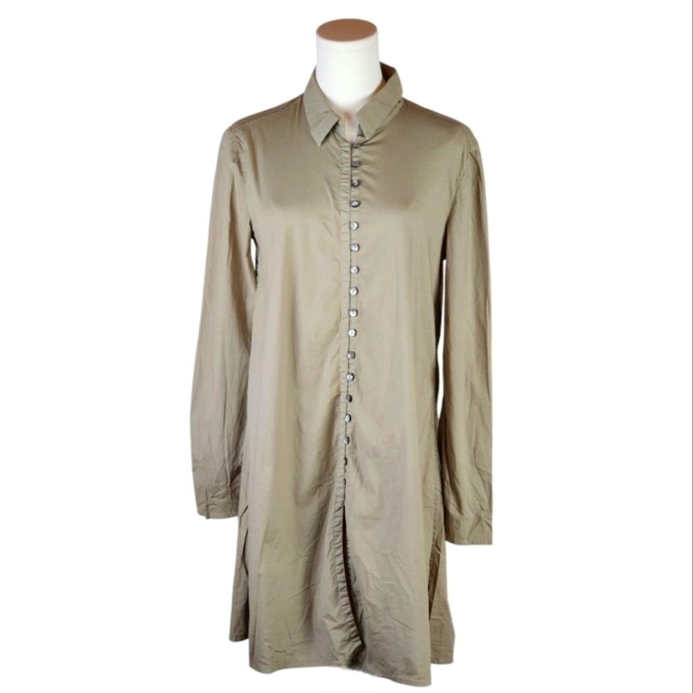 Elemente Clemente Long Button-Front Cotton Tunic Olive Taupe Shirt Dress